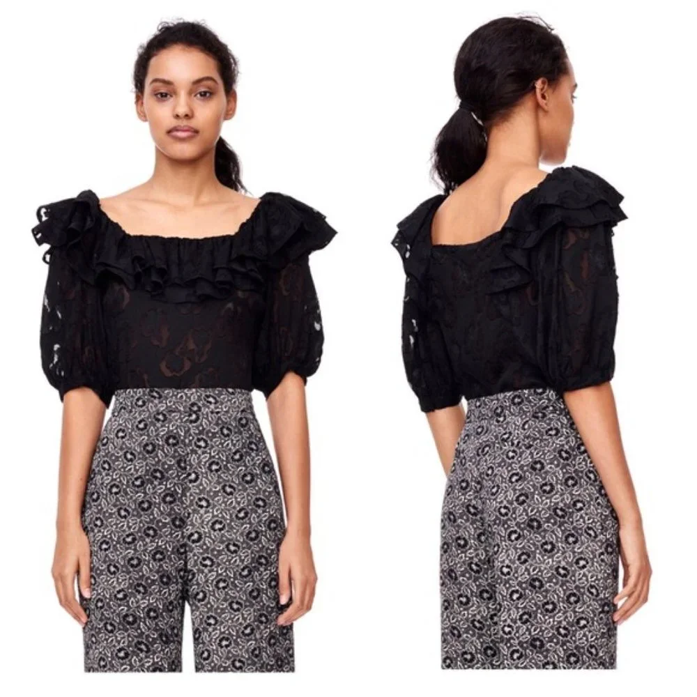 Rebecca Taylor Satin Jacquard Ruffle Top Blouse sz 0 XS - Picture 13 of 14